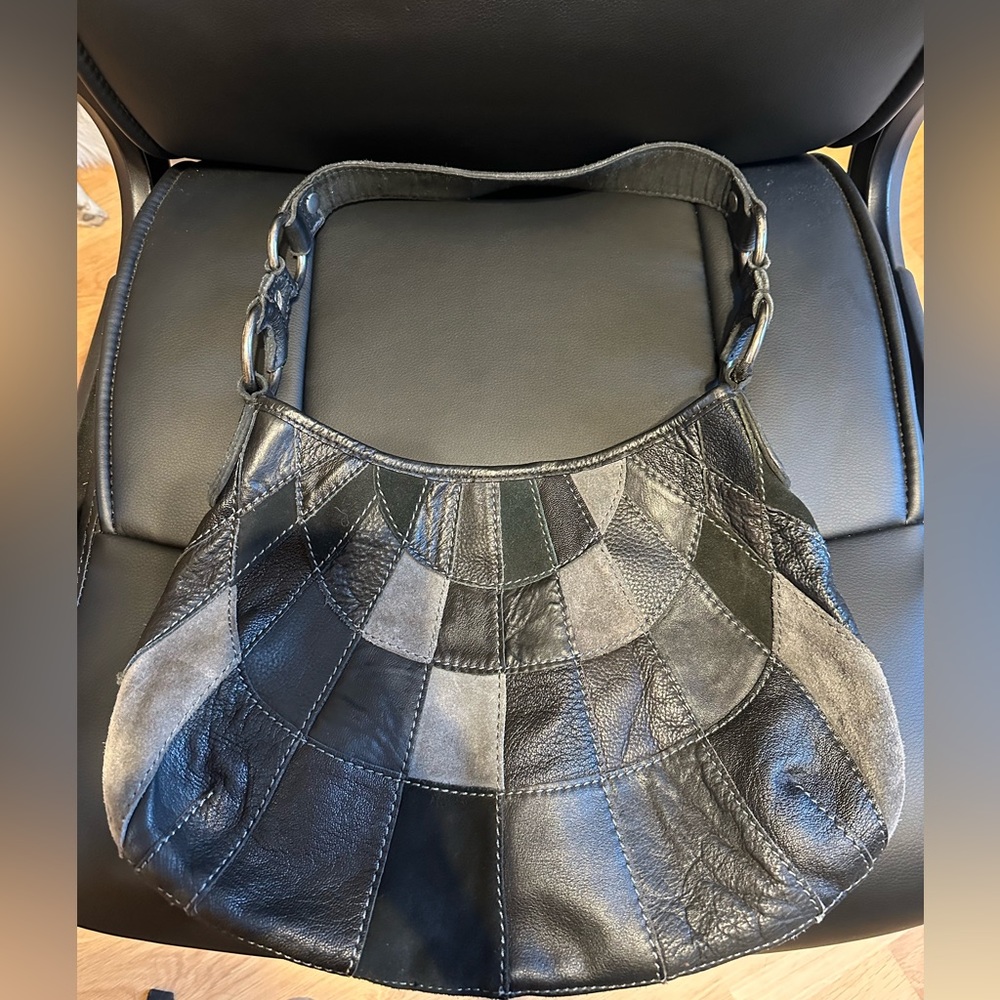 Vintage Lucky brand black and grey leather and suede patchwork hobo.
